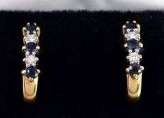 Attractive Blue Sapphire and Diamond J-Hoop Earrings in 14K Yellow Gold