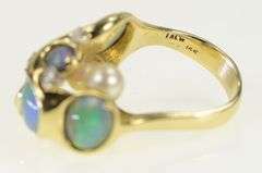 14K Yellow Gold Modernist Retro Opal Pearl Diamond Cluster Ring