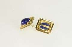 14K Yellow Gold Oval Lapis Lazuli Retro Squared Statement Earrings