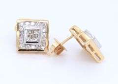 Sparkling Yellow Gold Princess and Round Brilliant Cut Diamond Earrings