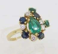 Emerald, Sapphire, and Diamond Cocktail ring in 18k Yellow Gold