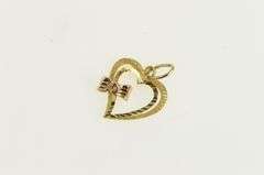14K Yellow Gold Diamond Cut Heart Bow Ribbon Love Pendant