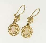 14K Yellow Gold Oval Natural Opal Retro Filigree Dangle Earrings