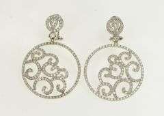 18K White Gold 3.50 Ctw Pave Diamond Ornate Swirl Medallion Earrings