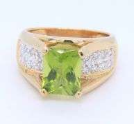 Gorgeous Yellow Gold 1.50ct Emerald Cut Peridot and Diamond accent Ring