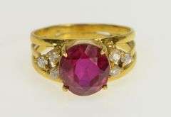 18K Yellow Gold Oval Syn. Ruby CZ Cluster Accent Vintage Ring