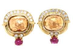 0.50ctw Diamond and Ruby Cabochon Hammered Clip On Earrings in 18K