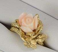 14K Yellow Gold Coral Rose Flower Engagement Bridal Set Ring