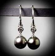 Modern 14K Black Pearl and Diamond Dangle Earrings