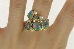 14K Yellow Gold Modernist Retro Opal Pearl Diamond Cluster Ring