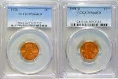 Superb Gem BU 1958P & 1958D Mint Lincoln Cents Both PCGS MS 66 Red!