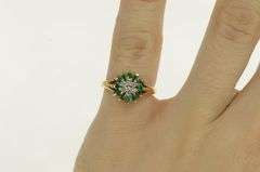 14K Yellow Gold Retro Natural Emerald Diamond Cluster Cocktail Ring