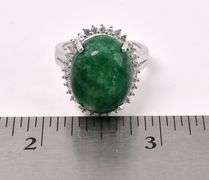 Wonderful Massive 12.50CTS Oval Cabochon-Cut Natural Emerald & 0.80CTW White Sapphire Ring in Sterli