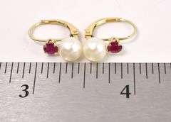 Adorable Pearl and Ruby Dangle Earrings In 14K Yellow Gold