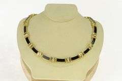 14K Yellow Gold Black Onyx Inlay Diamond Ornate Statement Necklace