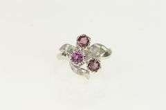 14K White Gold 1950's Vintage Rhodolite Garnet Ornate Leaf Ring