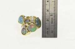 14K Yellow Gold Modernist Retro Opal Pearl Diamond Cluster Ring
