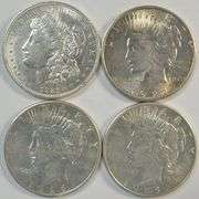 4 Flashy-white Silver Dollars: 1921-D Morgan & 1922-S, 1923-S & 1926-S Peace