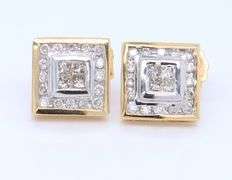 Sparkling Yellow Gold Princess and Round Brilliant Cut Diamond Earrings