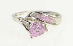 10K White Gold Trillion Pink Topaz Diamond Bypass Vintage Ring