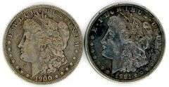 2 Different Morgan Silver Dollars: 1900-O & 1921