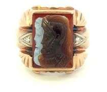 10K Yellow Gold Art Deco Carved Agate Intaglio Diamond Men's Ring