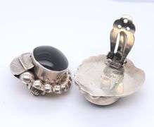 Vintage 925 Sterling Silver Mexico Black Onyx Clip Earrings