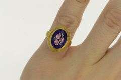 18K Yellow Gold Blue Enamel Flower Bouquet Domed Cocktail Ring
