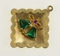 14K Yellow Gold 1960's Syn. Emerald Wedding Bell Square Charm/Pendant