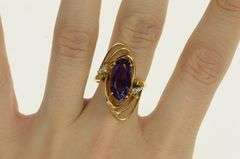 14K Yellow Gold Oval Amethyst Diamond Vintage Statement Ring