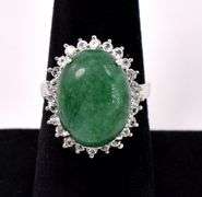 Mesmerizing 11.00CTS Oval Cabochon-Cut Emerald & 1.00CTW White Sapphire Ring in Sterling Silver