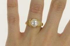 14K Yellow Gold Pearl Diamond Spiral Corkscrew Statement Ring
