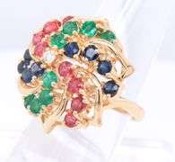 Gorgeous Yellow Gold 2.30ctw Ruby, Sapphire, Emerald and Diamod Pinwheel Ring