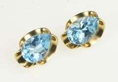 10K Yellow Gold Pear Blue Topaz Retro Scalloped Stud Earrings