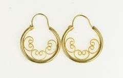 14K Yellow Gold Ornate Scroll Filigree 16.4mm Vintage Hoop Earrings
