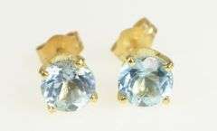 14K Yellow Gold Round Blue Topaz Vintage Solitaire Stud Earrings