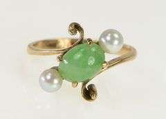 14K Yellow Gold Oval Jade Pearl Accent Vintage Bypass Ring