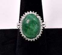 Wonderful Massive 12.50CTS Oval Cabochon-Cut Natural Emerald & 0.80CTW White Sapphire Ring in Sterli