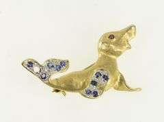 14K Yellow Gold Sapphire Inset Seal Sea Lion Animal Pin/Brooch