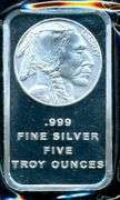 Great Buffalo Nickel design 5 Troy Oz pure .999 fine silver bar in plastic