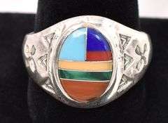 Multi-Gem Inlay Ring In Sterling Silver