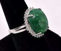 Wonderful Massive 12.50CTS Oval Cabochon-Cut Natural Emerald & 0.80CTW White Sapphire Ring in Sterli