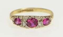 9K Yellow Gold Victorian Syn. Ruby Sim. Diamond Ornate Ring