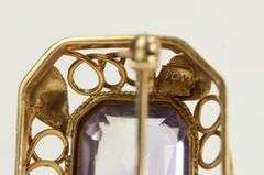 14K Yellow Gold 1940's Amethyst Ornate Scroll Vine Filigree Pin/Brooch