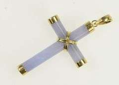 14K Yellow Gold Carved Lilac Jade Cross Christian Faith Pendant