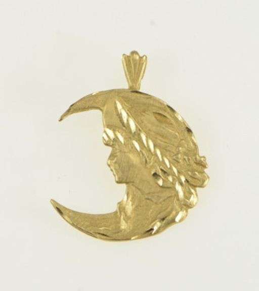 14K Yellow Gold Vintage Engraved Girl in Crescent Moon Charm/Pendant