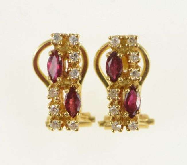 14K Yellow Gold Squared Natural Ruby Diamond Bar French Clip Earrings