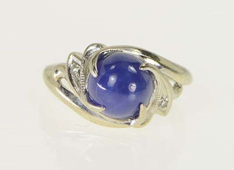 14K White Gold Syn. Blue Star Sapphire Diamond Retro Ring
