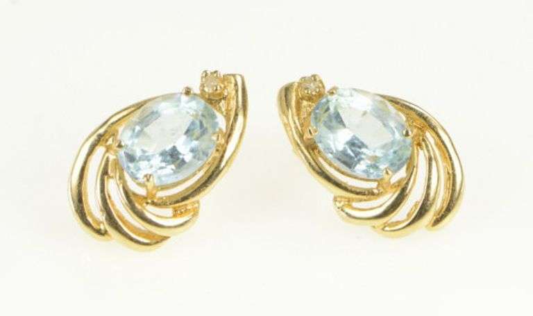 14K Yellow Gold Oval Blue Topaz Swirl Statement Stud Earrings
