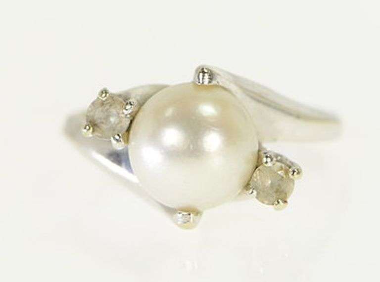 14K White Gold 8.7mm Pearl Retro Quartz Bypass Vintage Ring